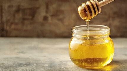 Drizzling honey in a jar kitchen food photography warm lighting close-up shot natural sweetness