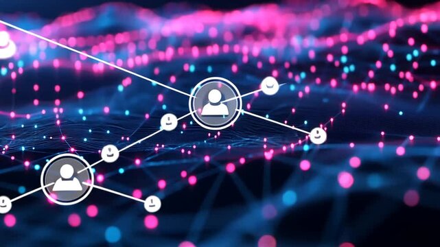 Abstract digital network background with connecting nodes and glowing pink and blue