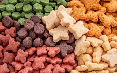 Fototapeta premium A mix of crunchy and chewy dog biscuits in various forms and colors, showcasing a premium selection of pet snacks for training and rewards