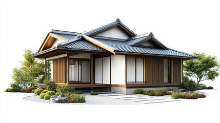 Naklejka premium Standard Japanese house design, compact structure with traditional roof tiles, sliding doors, and small garden accents, clean white background, sharp focus. 