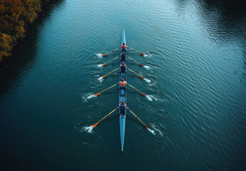 Aerial view of four people rowing in boat on calm river, showcasing teamwork and synchronization. serene water reflects surrounding nature beautifully