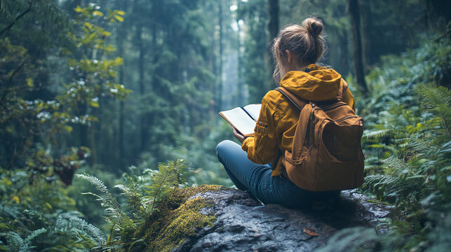 Person journaling on a rock in a lush forest, embodying nature therapy, outdoor meditation, and forest wellness