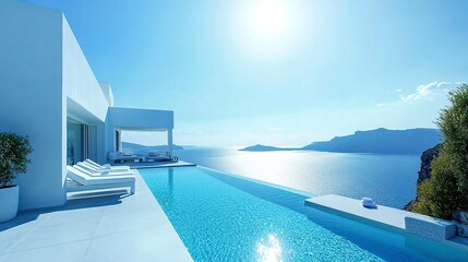 Fototapeta premium Stylish modern hotel by the sea, pristine white exterior, turquoise pool, and sunbeds on a spacious deck, sunny day with a clear horizon, vibrant tones. 