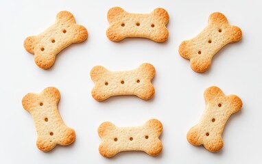 Crispy and nutritious dog biscuits in a fun bone shape, arranged on a white surface to emphasize texture, flavor, and wholesome pet care