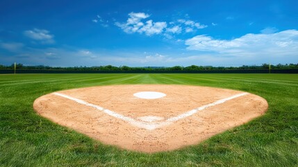 A perfectly manicured baseball infield sits under a vibrant blue sky with puffy white clouds on a sunny summer day ready for a game.