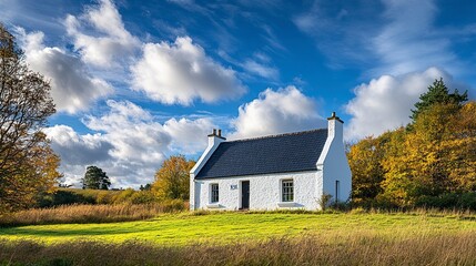 Obraz premium Stylish white house, contrasting black roof, vivid blue sky with fluffy clouds, wide-angle perspective, crisp textures, and bright tones. 