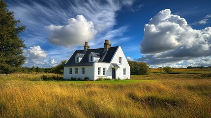 Fototapeta premium Stylish white house, contrasting black roof, vivid blue sky with fluffy clouds, wide-angle perspective, crisp textures, and bright tones. 