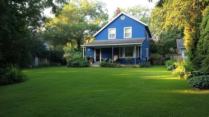 Obraz premium Suburban blue house with white accents, expansive green lawn, morning sunlight, centered perspective, bright and cheerful atmosphere. 