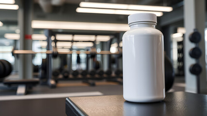 White plastic supplement bottle stands prominently in a gym setting, suggesting fitness and nutrition, with workout equipment blurred in the background.