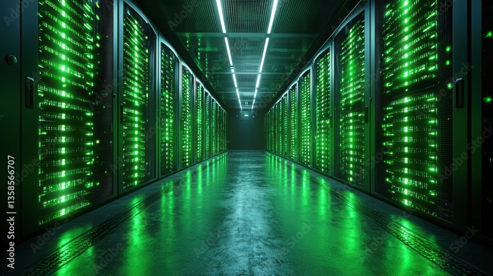 Poster server room with rows of servers highlighting data-driven business connections and infrastructure in