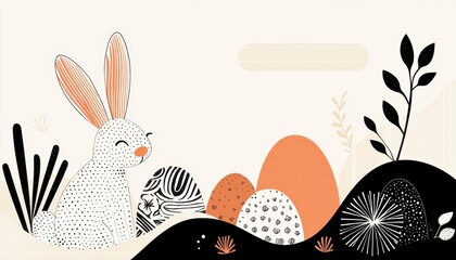 Artistic Easter greeting card with an ornate bunny and detailed decorative eggs, combining traditional folk patterns and vintage aesthetics