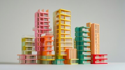 Tower of tiny architectural models in bold colors, sharp lighting highlights, frontal perspective, clean background emphasizing vibrant details 