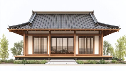 Fototapeta premium Traditional Japanese dwelling, simple wooden design with a tiled roof and veranda, white background highlighting structure, clean and detailed. 