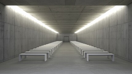 Long row of benches in a modern educational setting ideal for video conferencing and collaborative learning environments