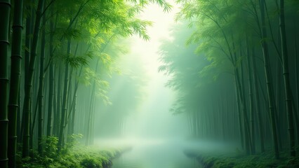 Naklejka premium Towering Bamboo Stalks in Morning Mist - Generative AI