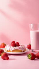 A pink-glazed donut with heart sprinkles, fresh berries, and strawberry milk, set against a pastel pink background for a cheerful vibe.