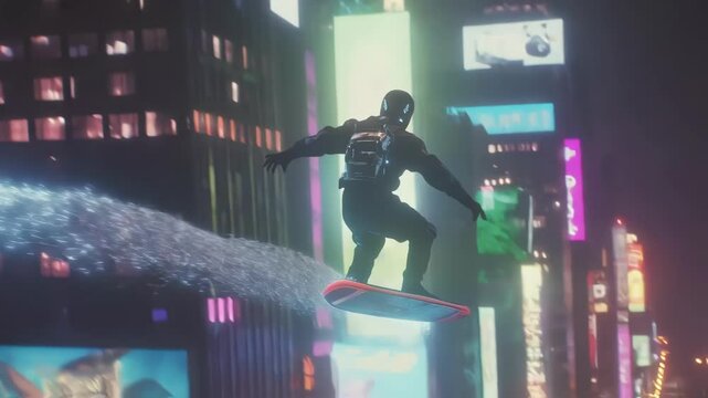 A closeup of a hoversurfer expertly maneuvering through cascading holographic debris with neon lights reflecting off their surfboard and the swirling chaos of the amut park fading into