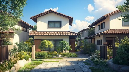 Typical suburban Japanese house, two stories with tiled roof and neutral tones, compact yard with a stone path, sunny day, sharp and balanced view.  