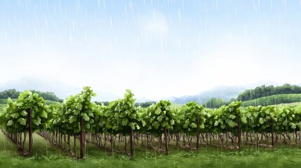Obraz premium Lush green vineyard rows receive a refreshing rain shower under a partly sunny sky with distant mountains providing a scenic backdrop.