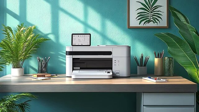 Modern office workspace with printer, stylish desk, and plants, creating vibrant and productive atmosphere.