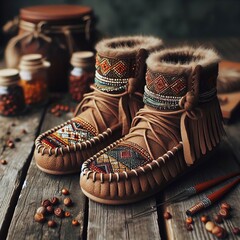 Hand sewn moccasin boots with beaded tops