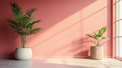 Pink Wall Room Decor with Indoor Plants in Pot