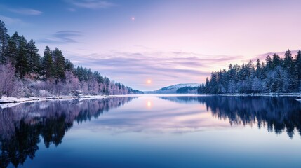 Fototapeta premium A glowing comet reflected in a calm lake surrounded by pine trees, offering a tranquil and magical setting with blank areas for text,