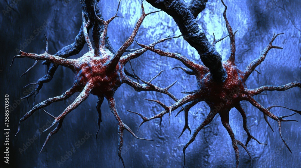 Poster colorful bunch of red and black neurons representing hybrid ai neural networks for advanced computat