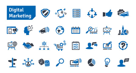 Digital Marketing and SEO Blue Icons Set. Social Media, Communication, Technology, Advertising, Ecommerce, Cyberspace, Target Audience, Website Icons Vector Illustration