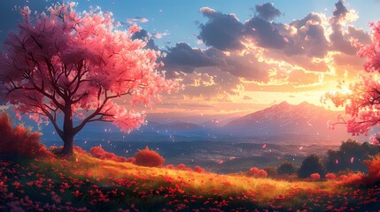 Fototapeta premium Sakura Vista: A breathtaking landscape unveils a vista of cherry blossoms in full bloom, the scene bathed in the warm hues of a sunrise. A perfect combination of nature.