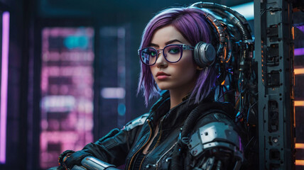 Fototapeta premium A cyberpunk heroine, defiant and determined, gazes intently from within a neon-lit digital landscape, showcasing futuristic tech and a bold purple hairstyle.