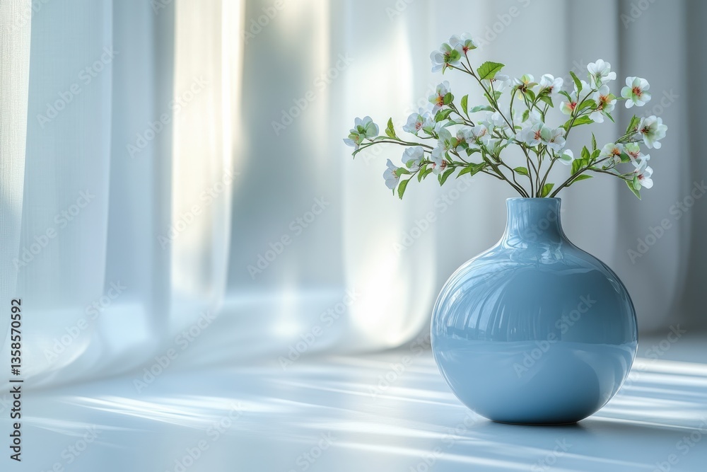 Poster a delicate vase with blooming flowers softly illuminated by natural light, adding elegance and tranq