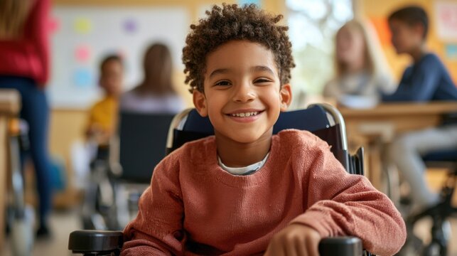 A young girl in a wheelchair engaging with inclusive classroom technology for enhanced learning experiences
