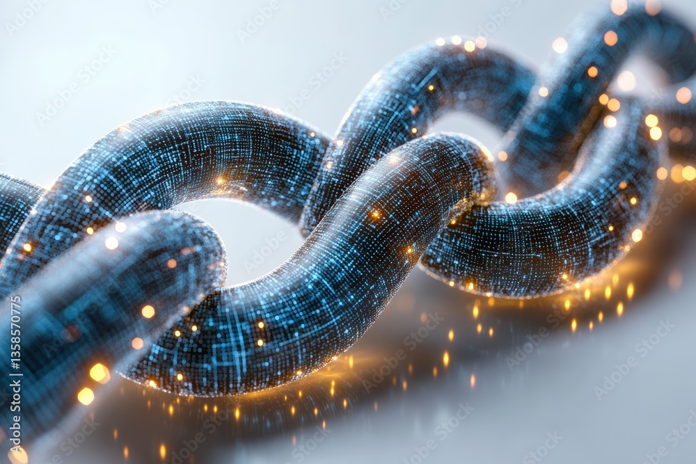 Poster a digital chain symbolizing connectivity and innovation in technology, glowing against a soft backgr