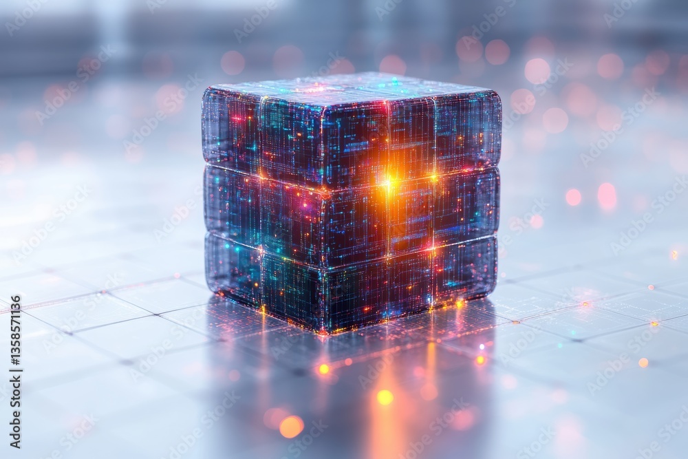 Aufkleber a futuristic data cube emitting vibrant lights, representing advanced technology and digital innovat