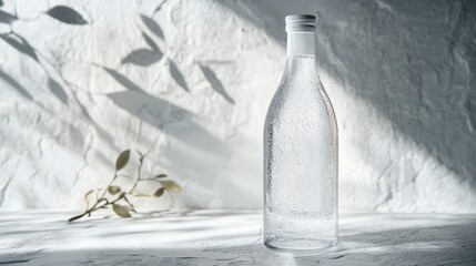 Frosted transparent water bottle minimalist setting product photography soft lighting aesthetic concept