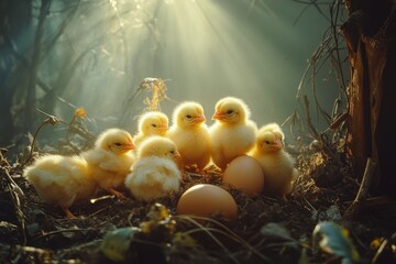 Charming yellow chicks hatching from eggs in a sunlit forest nature photography serene environment close-up view