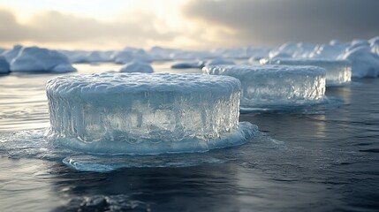 A scene design with ice and snow, three circular ice blocks floating on the river surface, rendered in C4D --ar 16:9 --style raw --stylize 750 --v 6.1 Job ID: 1e2ea9f0-f704-49b3-8257-2c36cc3a1f50