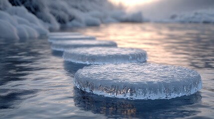 A scene design with ice and snow, three circular ice blocks floating on the river surface, rendered in C4D --ar 16:9 --style raw --stylize 750 --v 6.1 Job ID: 1e2ea9f0-f704-49b3-8257-2c36cc3a1f50