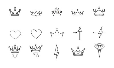 collection of various crown designs, hearts, arrows, and lightning symbols, showcasing mix of styles and shapes, perfect for decorative or graphic use