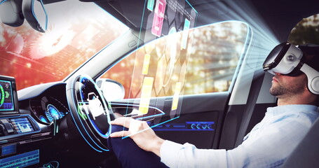 Image of interactive screen over businessman wearing vr headset in self driving car