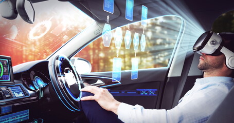 Image of icons over businessman wearing vr headset in self driving car