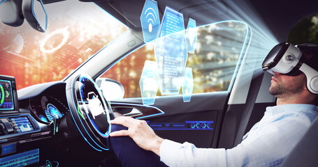 Image of icons over businessman wearing vr headset in self driving car