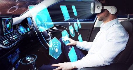 Image of icons over businessman wearing vr headset in self driving car
