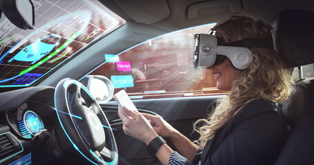 Image of speech bubbles over woman wearing vr headset in self driving car