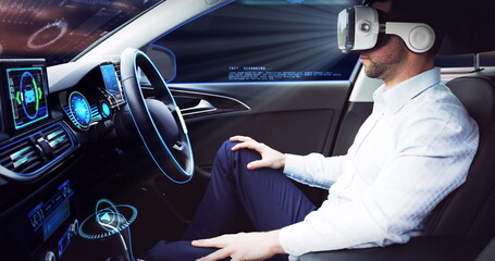 Image of data processing over businessman wearing vr headset in self driving car