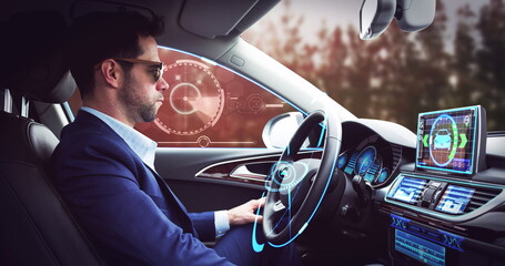 Image of scope scanning over businessman wearing vr headset in self driving car
