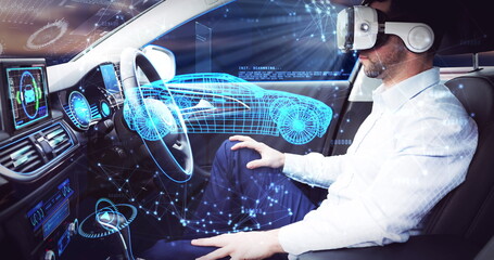 Image of 3d car drawing over businessman wearing vr headset in self driving car