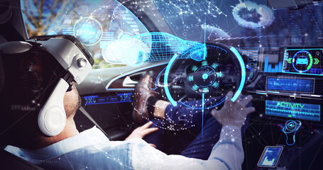 Image of 3d car drawing over businessman wearing vr headset in self driving car
