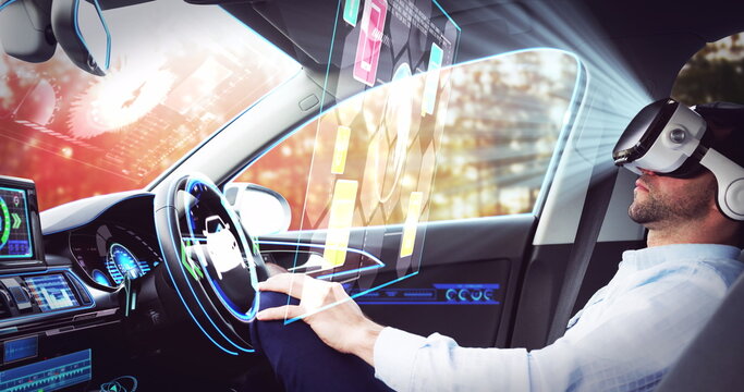 Image of interactive screen over businessman wearing vr headset in self driving car